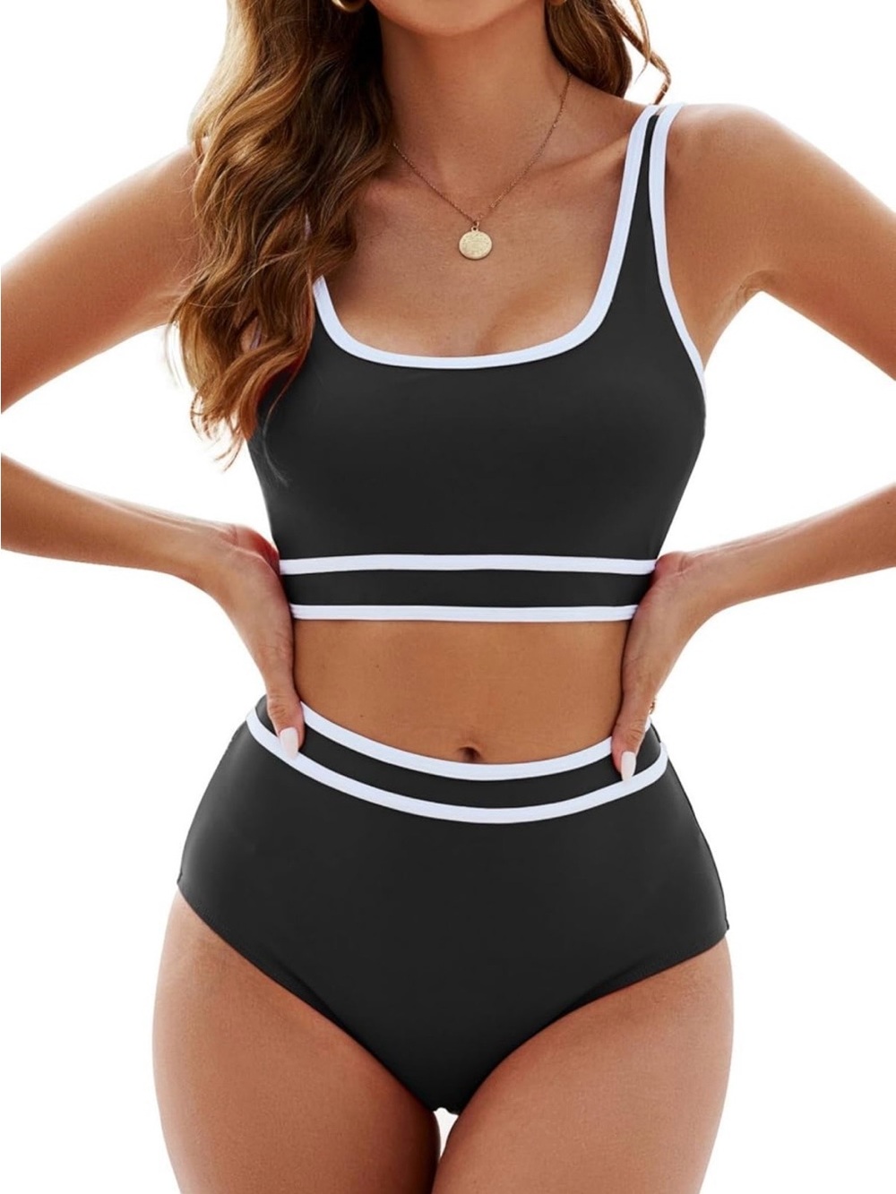 High-Waist Black Bikini Set with White Trim – Sporty Scoop Top